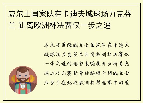 威尔士国家队在卡迪夫城球场力克芬兰 距离欧洲杯决赛仅一步之遥 威尔士国家队在卡迪夫城球场力克芬兰 距离欧洲杯决赛仅一步之遥